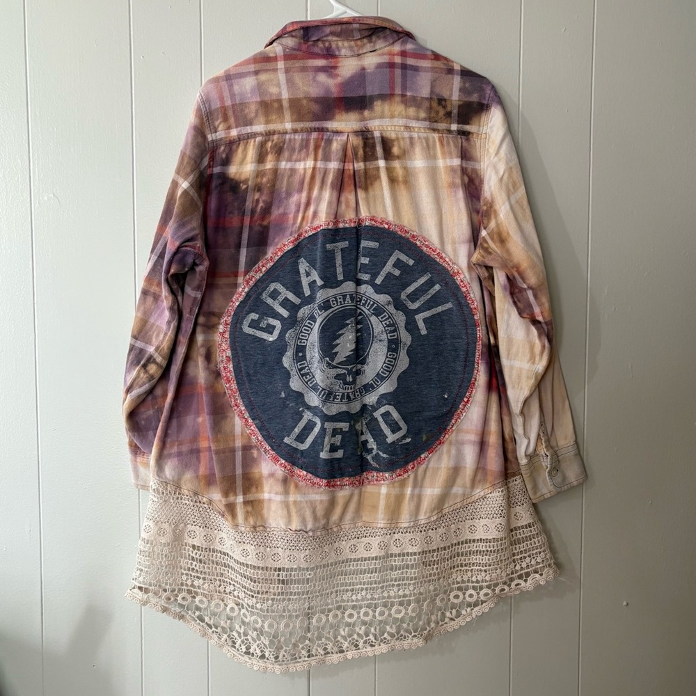 Grateful Dead Upcycled Bleach Distressed Flannel with Crochet Hem - Picture 2 of 15